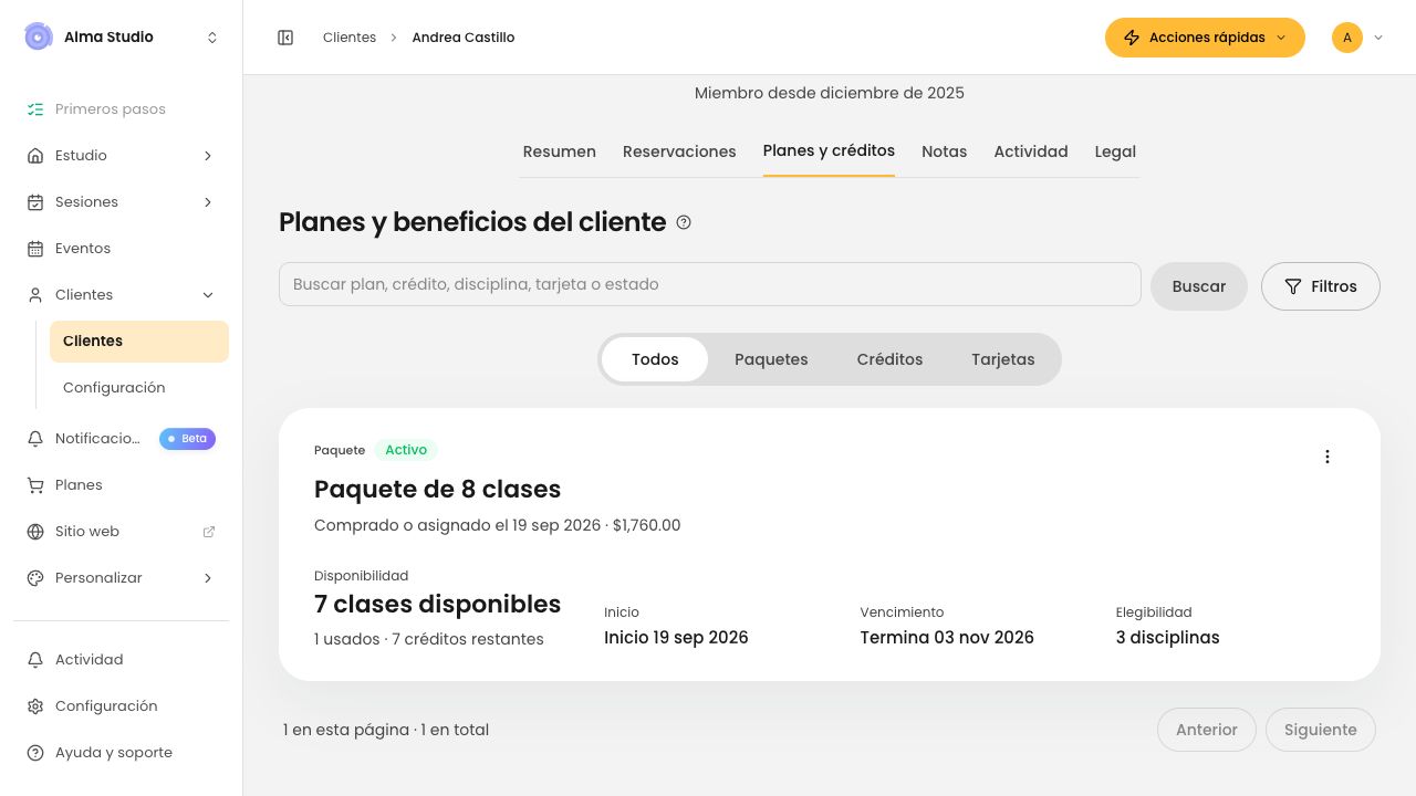 Paquete de Andrea con un crédito usado y siete disponibles.